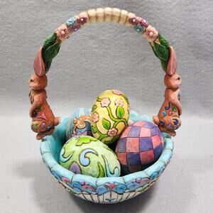 Jim Shore Heartwood Creek Hunting Bunny Easter Basket with 5 Eggs Decor 2006